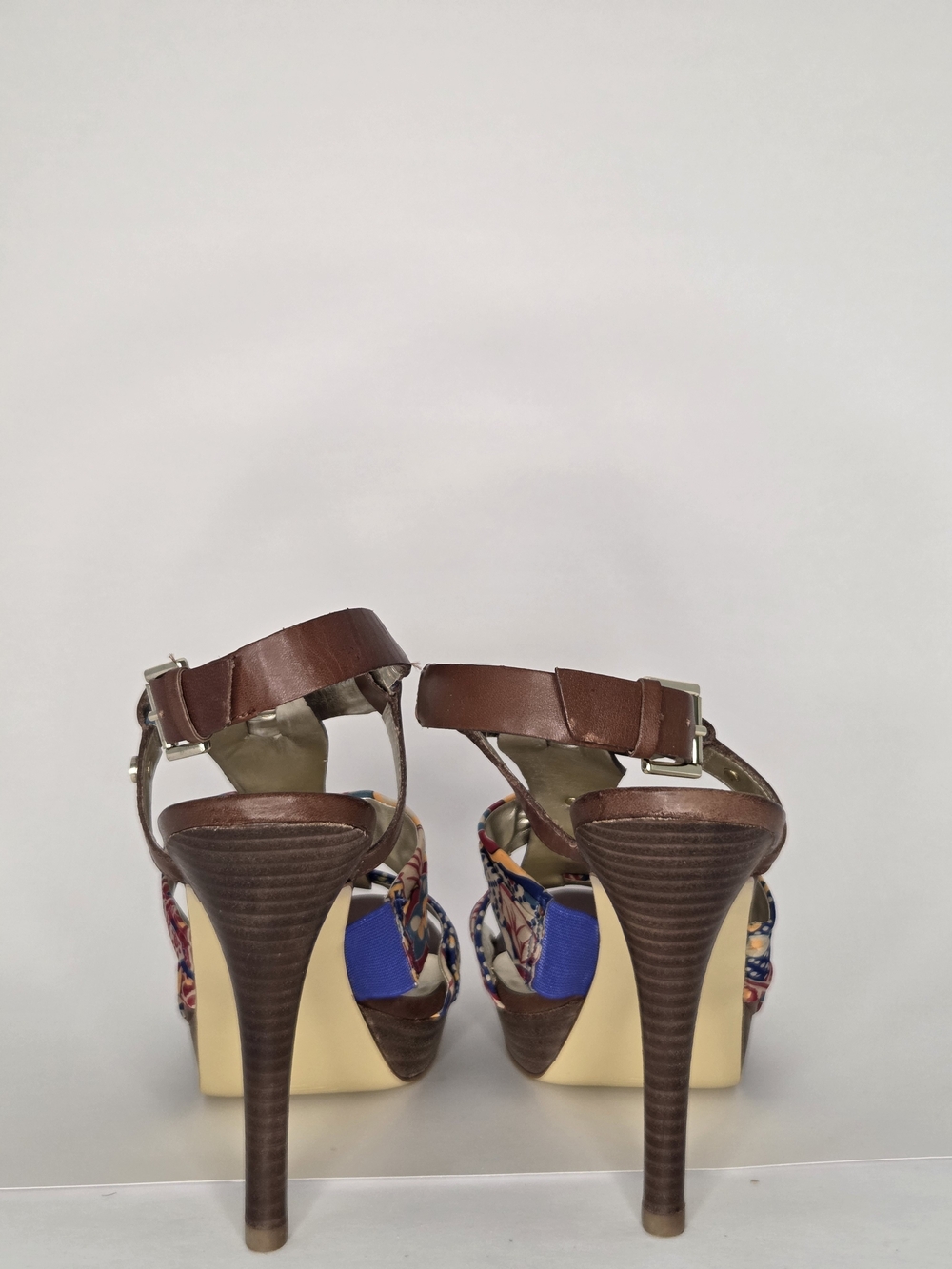 GUESS Kaedi Brown Leather Multi Floral Fabric Platform Sandals Heels - Picture 3 of 12